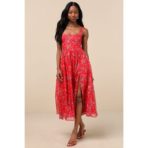 Lulus Francesca Red Floral Sleeveless Midi Dress - Size L